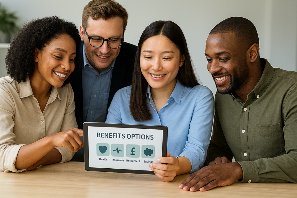 Diverse group of employees reviewing benefits options on a digital platform